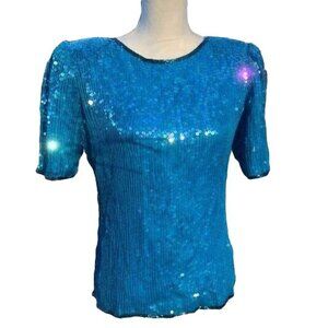 Saks Fifth Avenue Silk Top Small S Womens Vintage Blue Sequin Short Sleeve